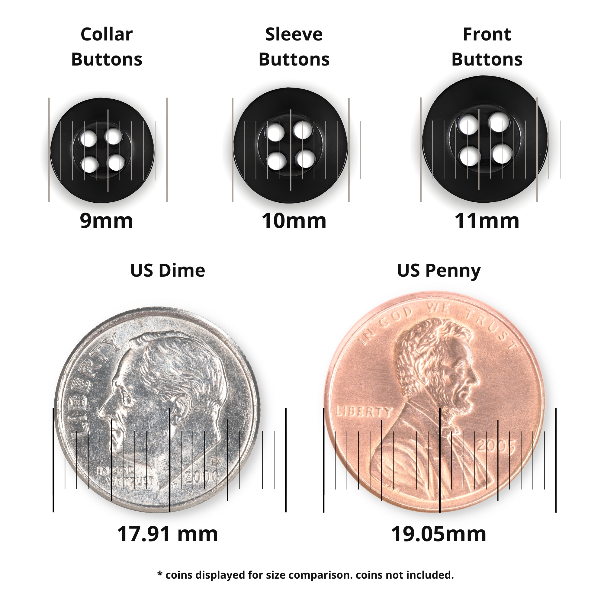 ButtonMode 22-Piece Standard Shirt Button Set - Navy Blue, Includes 3 Sizes For Front, Sleeve & Collar