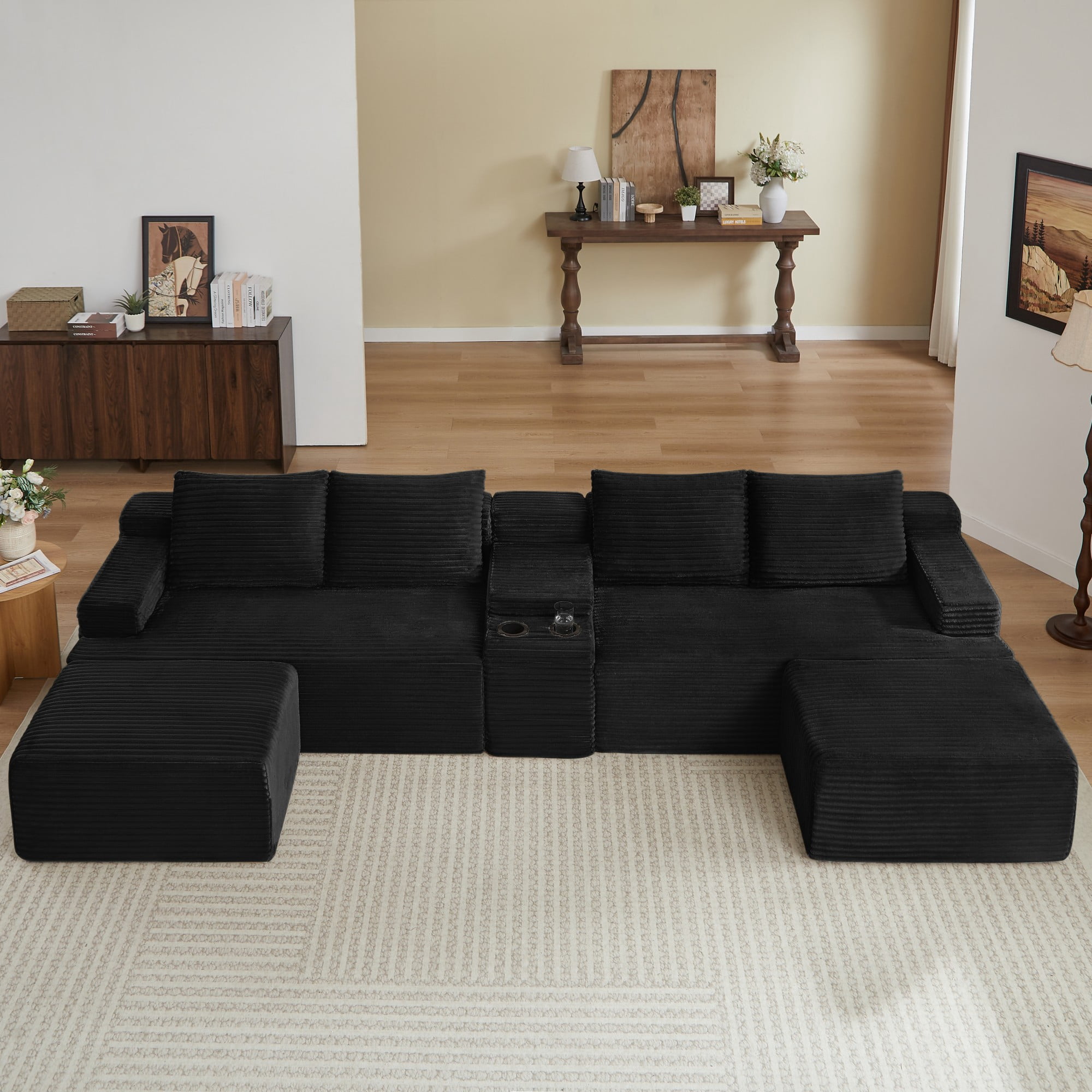 BSHTI 140.6" 5-Seat Corduroy U Shape Sectional Sofa with Cup Holder, Modular Design, No Assembly for Living Room（Black）