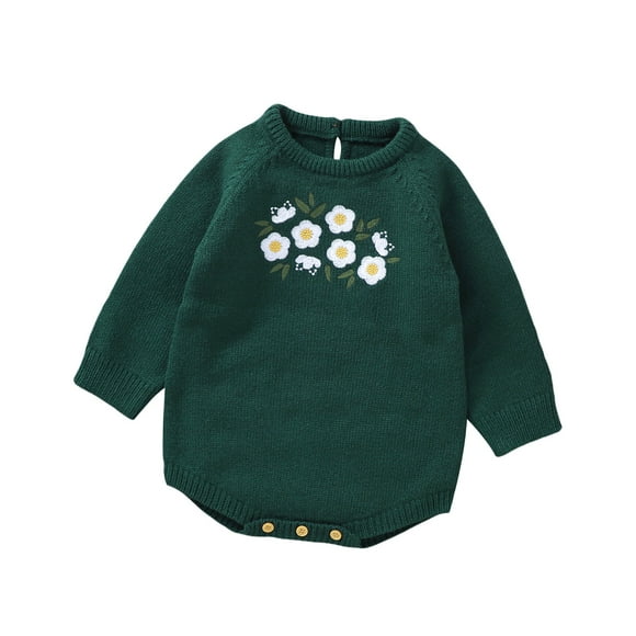 PMVFHDE Summer Romper Baby Girl Boy Embroidery Floral Pattern Knit Sweater Romper Sweatshirt Long Sleeve Bodysuit Warm Fall Winter Clothes Girls' Jumpsuits & Rompers Dark Green,0-3 Months