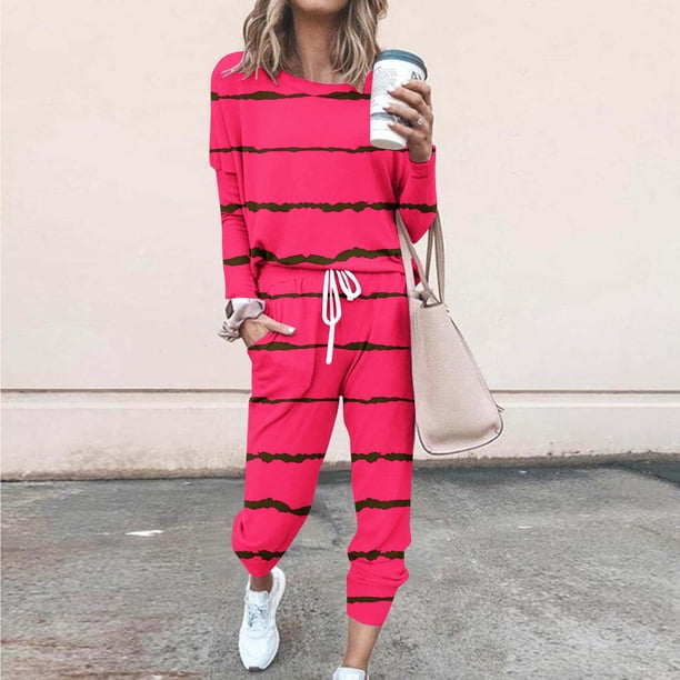 Puntoco Traje Casual Con Cordón Y Cuello Redondo De Manga Larga Con Estampado Holgado A La Moda Para Mujer, Color Rojo Rosa Xxxl