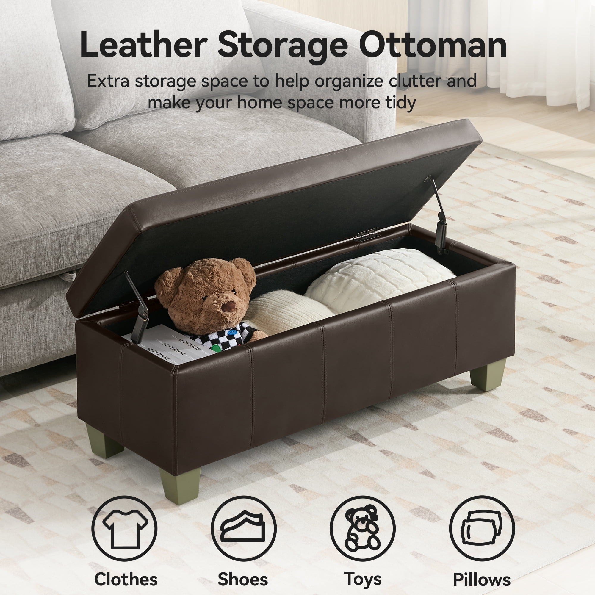 41'' Faux Leather Storage Ottoman Bench, Rectangle Upholstered End of Bed Storage Bench, Stitch Tufted Bedroom Bench with Storage, Entryway Large Storage Ottoman with Wooden Legs, Brown