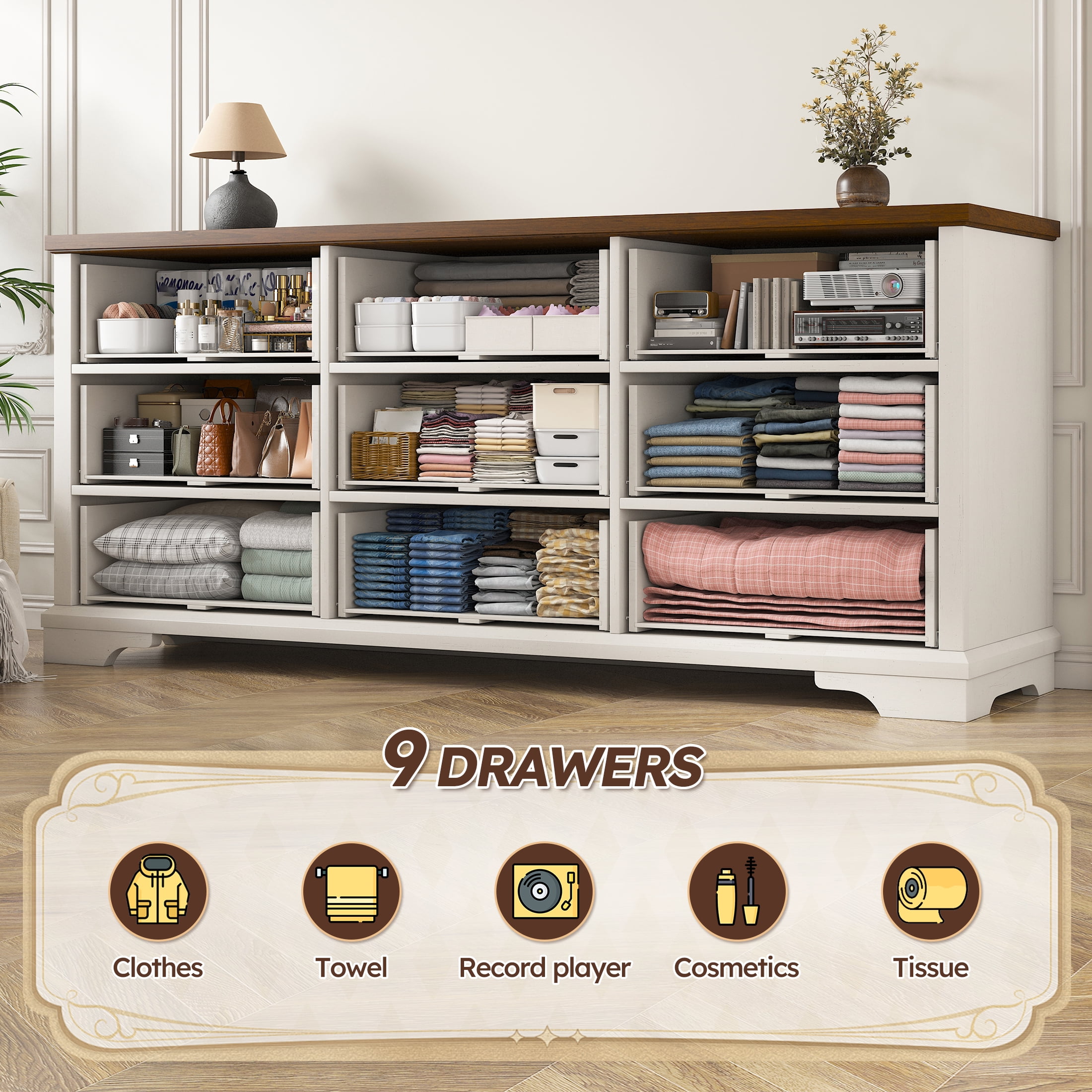EnHomee 9 Drawer White Dresser for Bedroom Wood Dressers&Chest of Drawers 63" Long Dresser