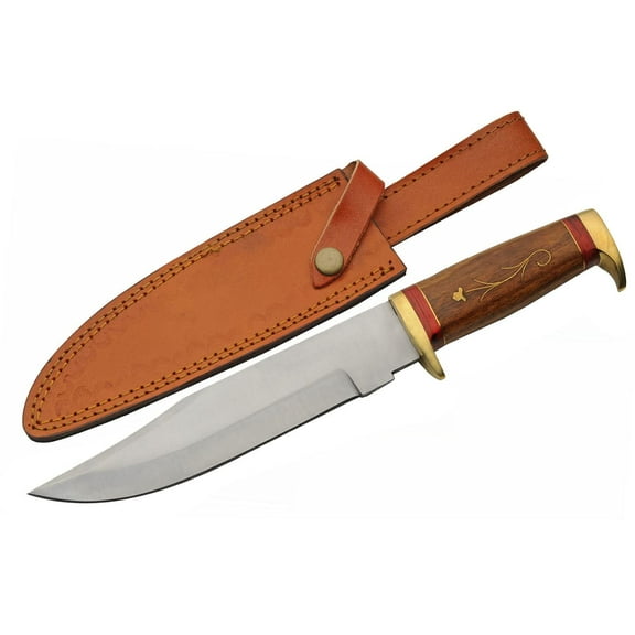 SZCO Supplies 12.25" Inlay Wood Handle Fixed Blade Outdoor Utility Knife with Leather Sheath