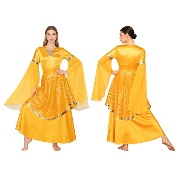 Haitryli Praise Dance Dress for Women Worship Liturgical Dancewear Long Sleeve Tunic Dress And Sequined Skirt Set Gold S
