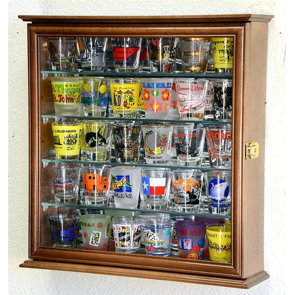 4 Adjustable Shelves Shot Glass Shotglass Shooter Mini Liquor Display Case Cabinet w/Mirror Back -Walnut