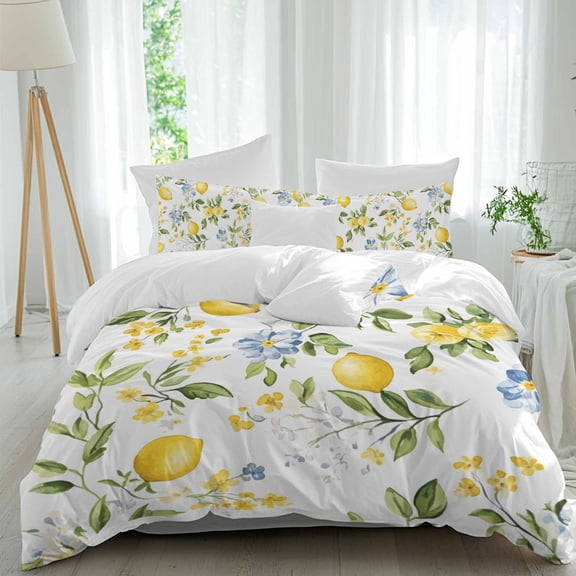 3 Piece Summer Lemon Duvet Cover Set California King,Microfiber Comforter/Quilt Cover with Corner Ties and 2 Pillowcases,Yellow Fruits Botanical Spring Floral All Season Bedding with Zipper Closure