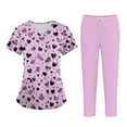 thumbnail image 3 of Minjewel Women's Plus Size Printed V-Neck Scrubs for Women with Pockets, Colorful Animal & Floral Pattern Scrub Set for Healthcare Workers,Pink 3XL, 3 of 5