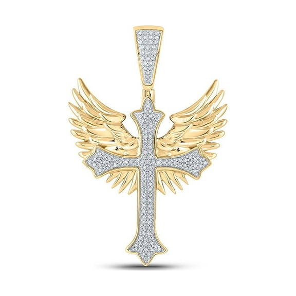 10kt Yellow Gold Mens Round Diamond Wing Cross Charm Pendant 3/8 Cttw