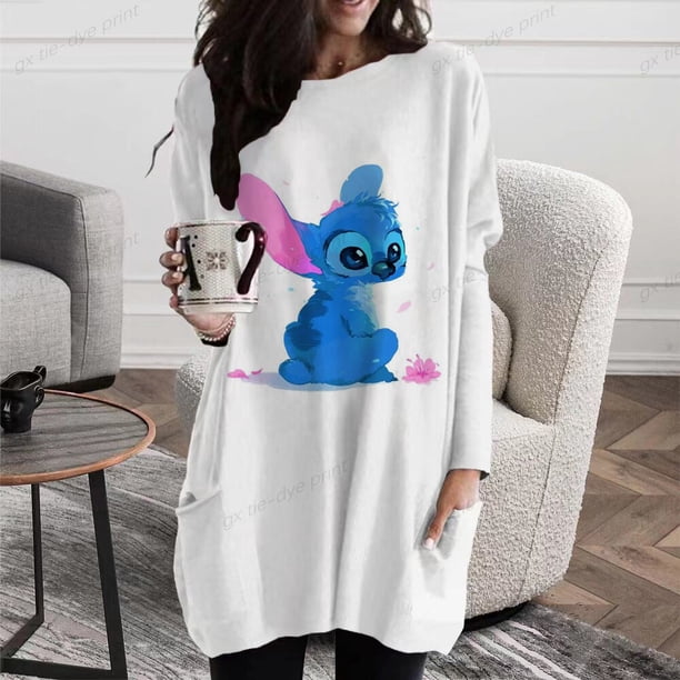 Autumn Women's T-Shirt Casual Holiday Weekend T-Shirt Long Sleeve Disney Stitch Print Crew Neck Basic Pocket T-Shirt Pullover5XL Gao Jinjia LED