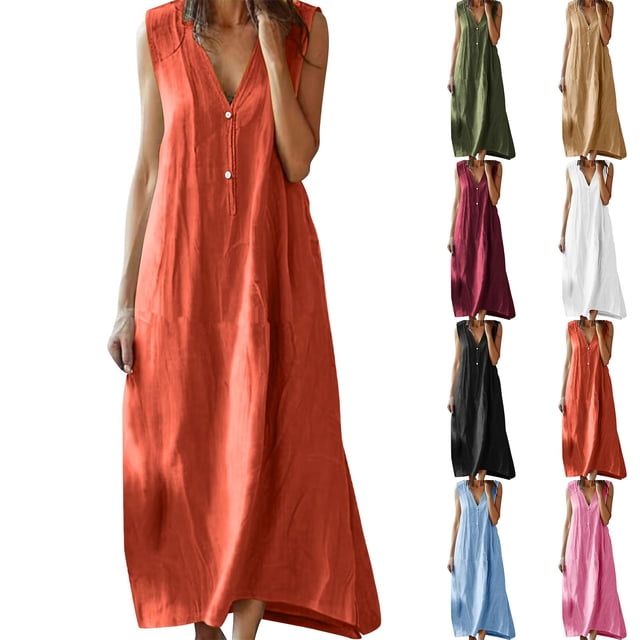 Yourumao Robe en Lin pour Femmes Sans Manches à Col en V Boutonnée Robes Maxi Respirantes Unies Fluides Robe d'Été Grande Taille Détente Plage Vêtements