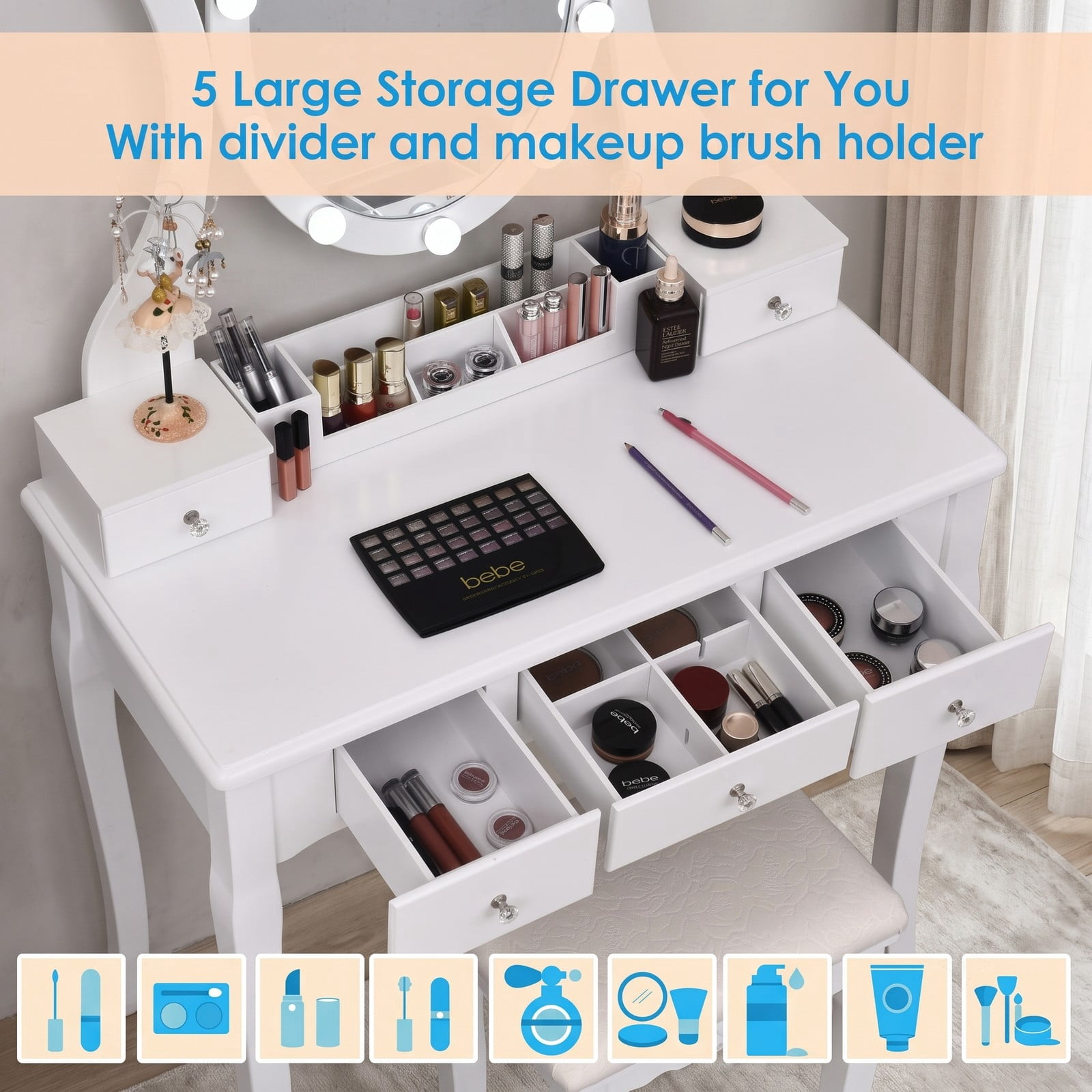 Furnibear Vanity Table Set with 10 Dimmable Light Oval Mirror and Cushioned Stool and 5 Drawers for Bedroom Makeup and Dressing, White