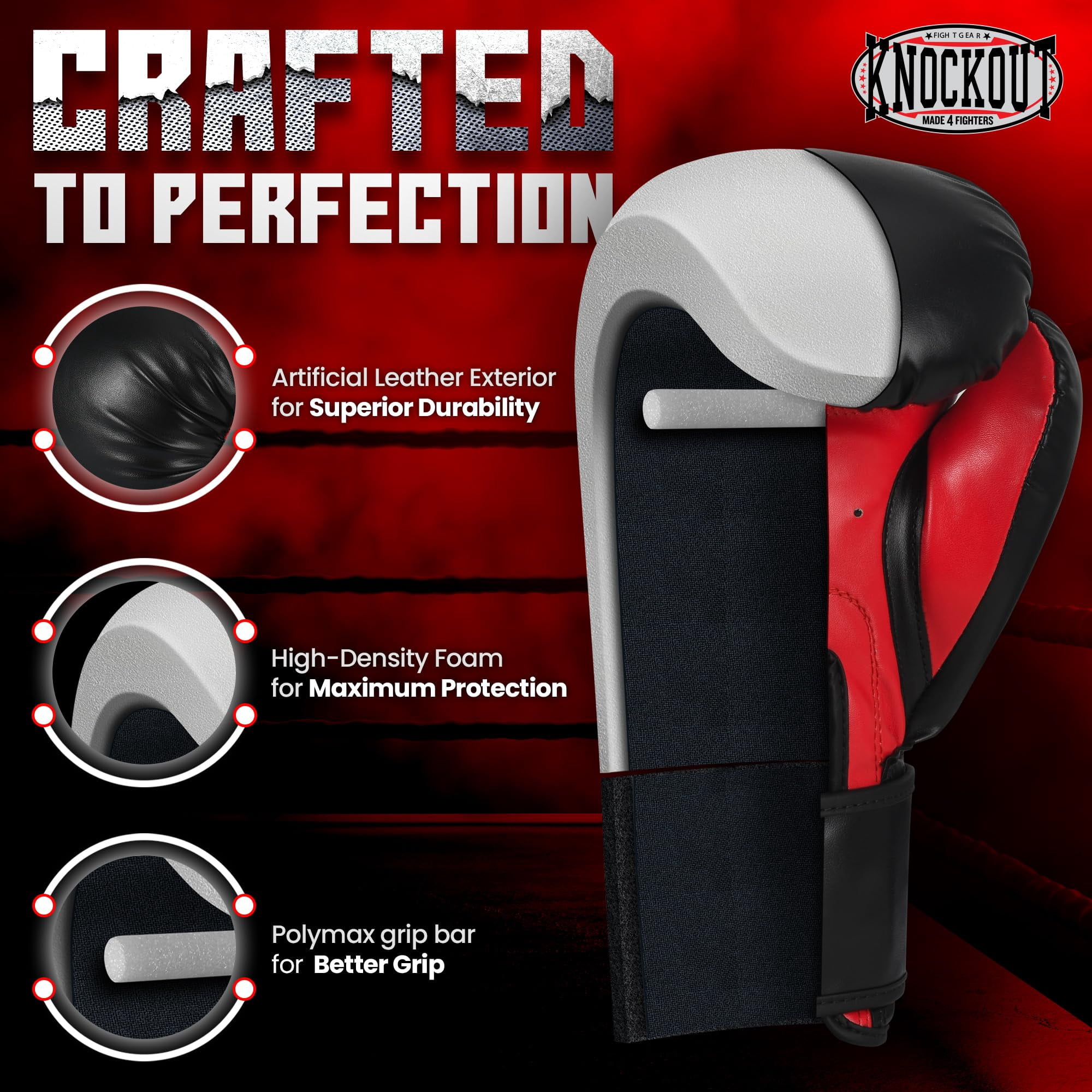 Knockout Boxing Gloves for Men Women, Muay Thai MMA Kickboxing Home Gym Training, Sparing Gloves Pair with Premium Ventilated Palm