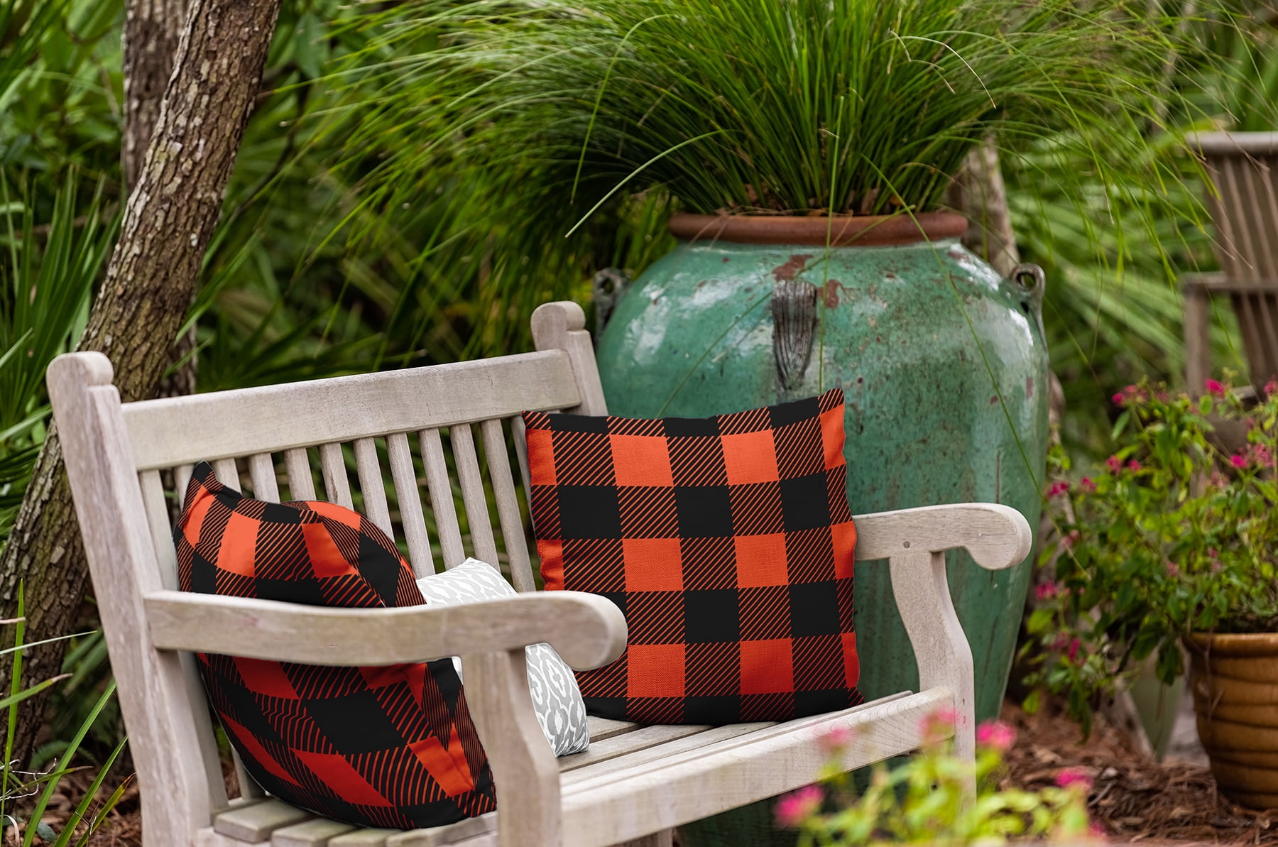 20" x 20" Simply Daisy Buffalo Plaid Polyester Indoor/Outdoor Pillow, Harvest Orange Qty 1