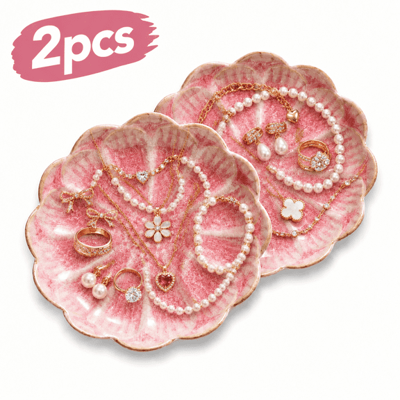 HUO Songmiao Leaf Shape Ceramic Ring Decorative Trinket Dish, 2 Pack, Pink