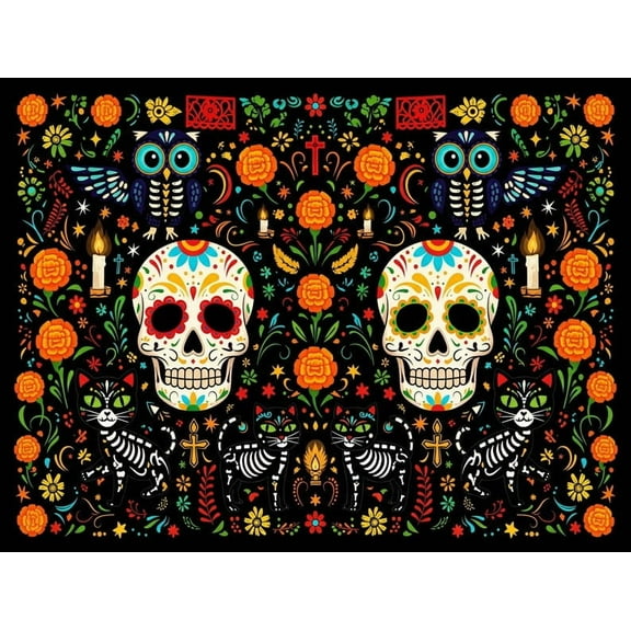 ViciArt Day of the Dead Sugar Skull Tapestry – 30"x40" Polyester Mexican Folk Art Owl & Cat Wall Hanging