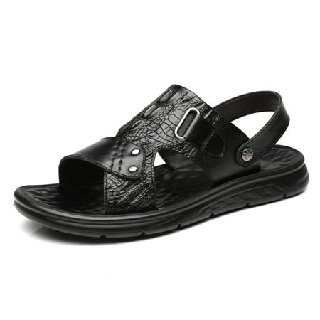 Men s Sandals Slippers Cowhide Genuine Leather Beach Shoes Men s Trend Casual Non-Slip Two Uses Sandals (Color : D  Size : 43)