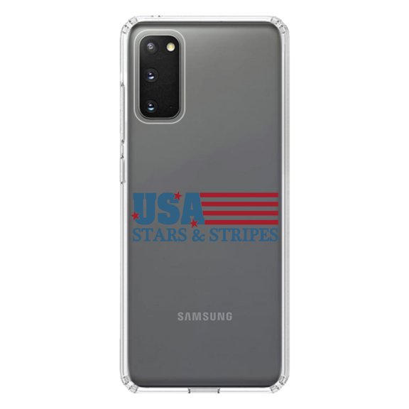 DistinctInk Clear Shockproof Hybrid Case for Galaxy S20 / S20 5G (6.2" Screen) - TPU Bumper Acrylic Back Tempered Glass Screen Protector - USA Flag Stars & Stripes