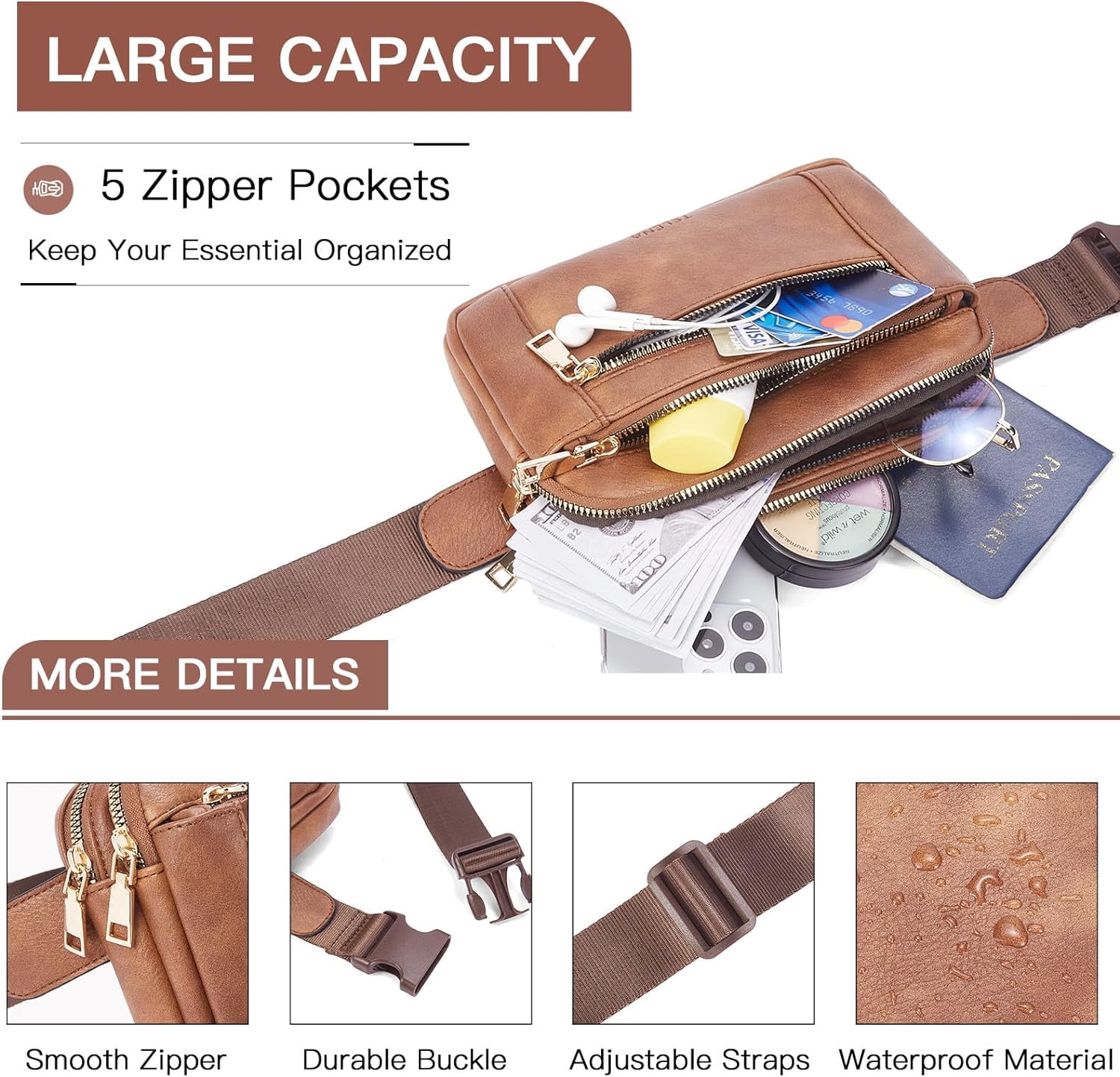 Fanny Packs for Women Cross Body Bag Leather Belt Bag Fashionable Waist Bag with Adjustable Strap Beige Brown