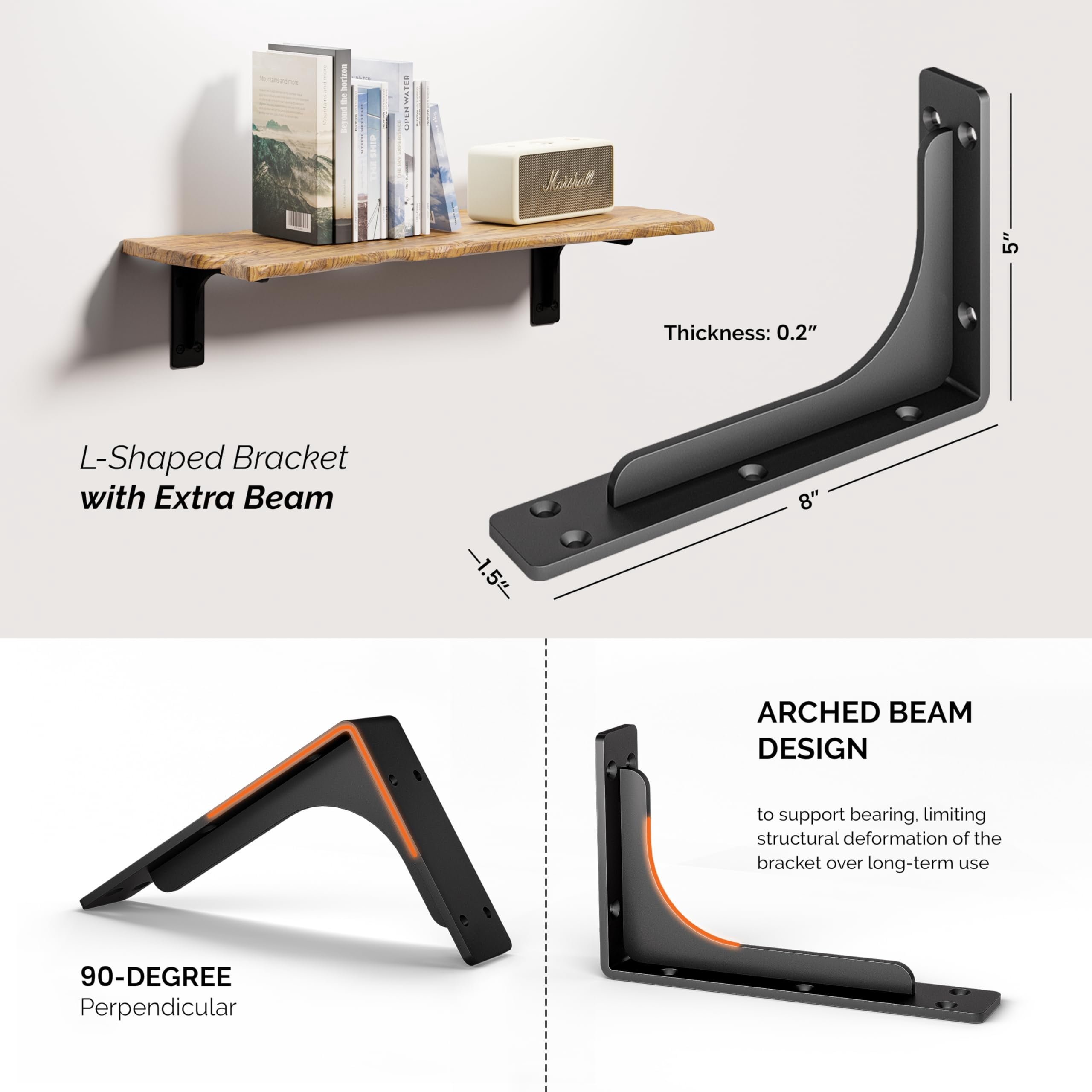 8" X 5" L Bracket With Beam - Shelf Brackets Black 300 Lbs Capacity Heavy Duty Shelving For Floating Shelves Wall Mounted Support Diy Mounting Hardware Included (pack 4)