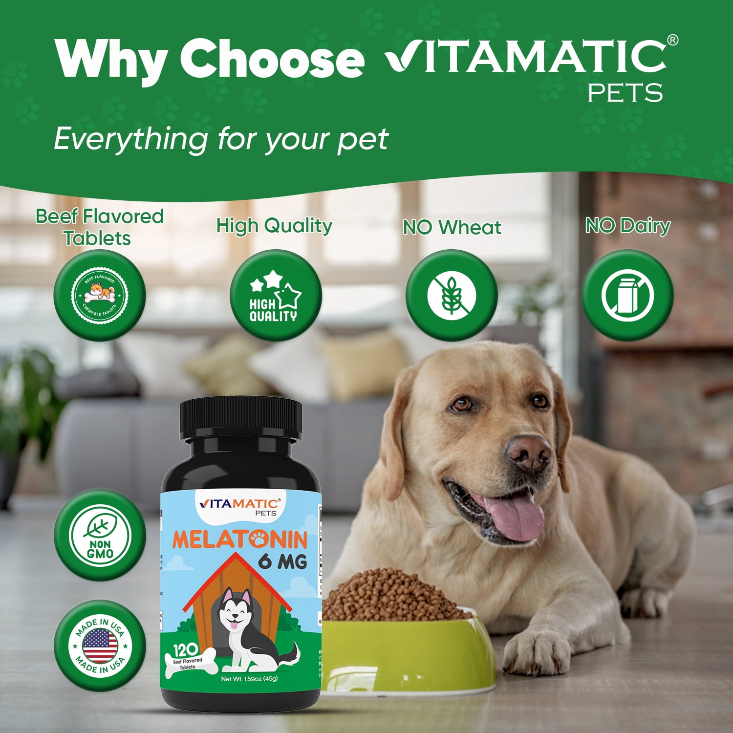 (3 pack) Vitamatic Melatonin for Dogs - 6 mg - 120 Beef Flavored Chewable Tablets