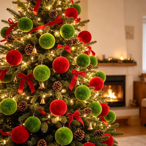 Christmas Ornaments 24 Pcs Soft Ball Hanging Decorations with Rope for Tree, Wreath, Garland, Party and Holiday Decor