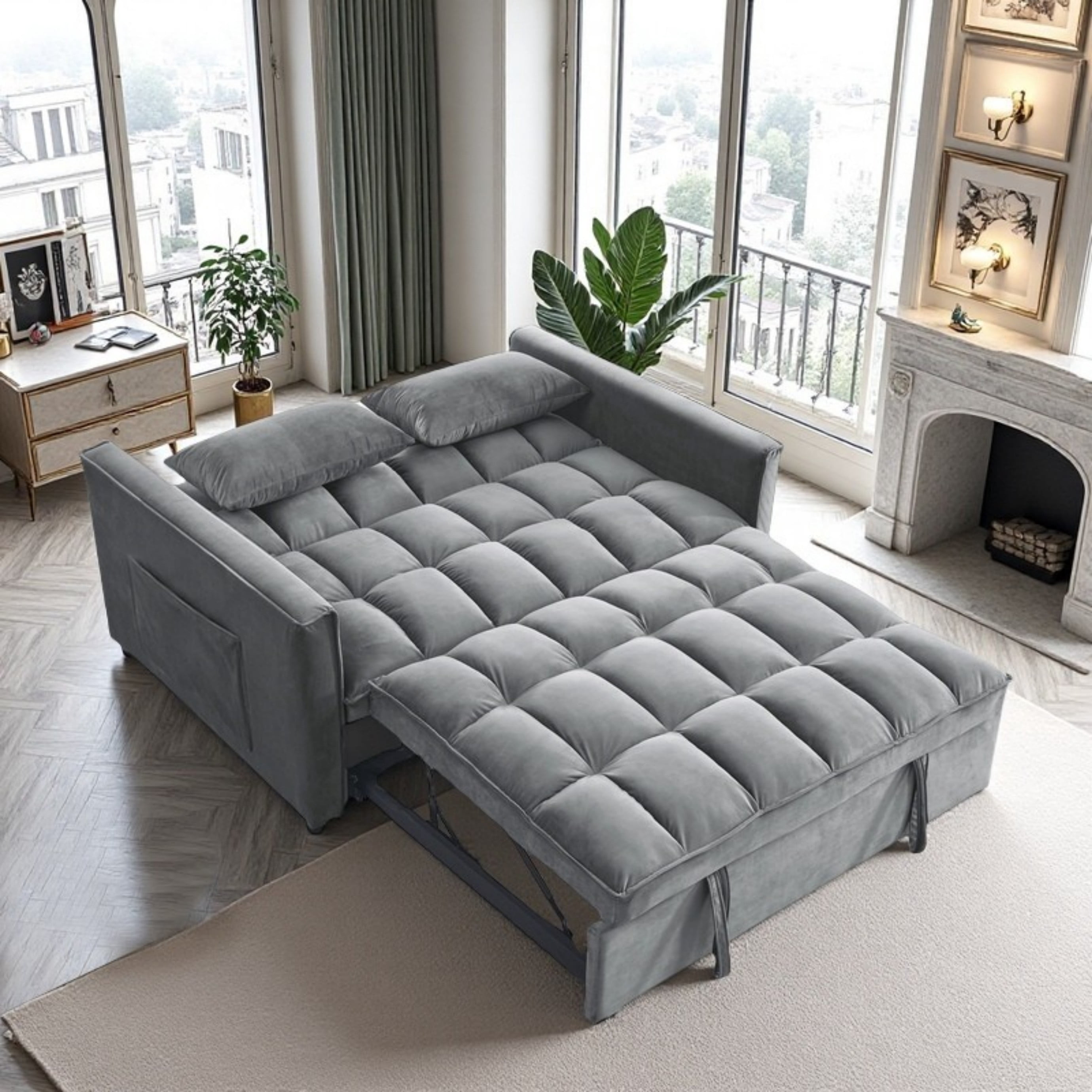 BSHTI 54" Pull-Out Sleeper Sofa Bed, Twin Size with Solid Wood Frame, 3-Position Reclining Back, Velvet Upholstery with Piping, Side Pocket Storage, 2 Pillows Included,Dark grey