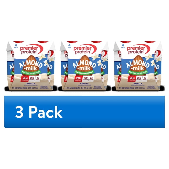 (3 pack) Premier Protein Almond Milk Shake, Vanilla, 20g Protein, 11 Fl Oz, 4 Ct