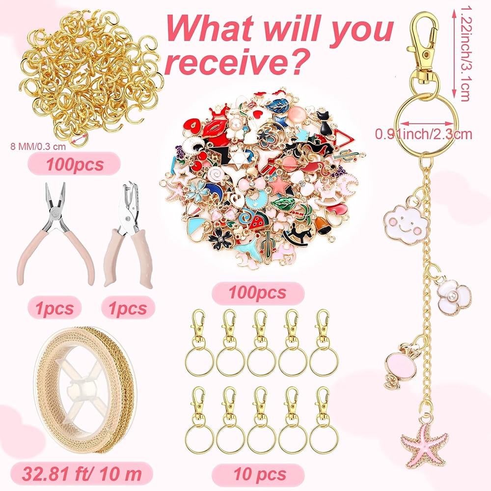 Januofit  213 Pcs Lip Gloss Keychain Making Kit 100 Pink Enamel Charms 32.81 ft Gold Chains for DIY Crafts Women(Stylish)