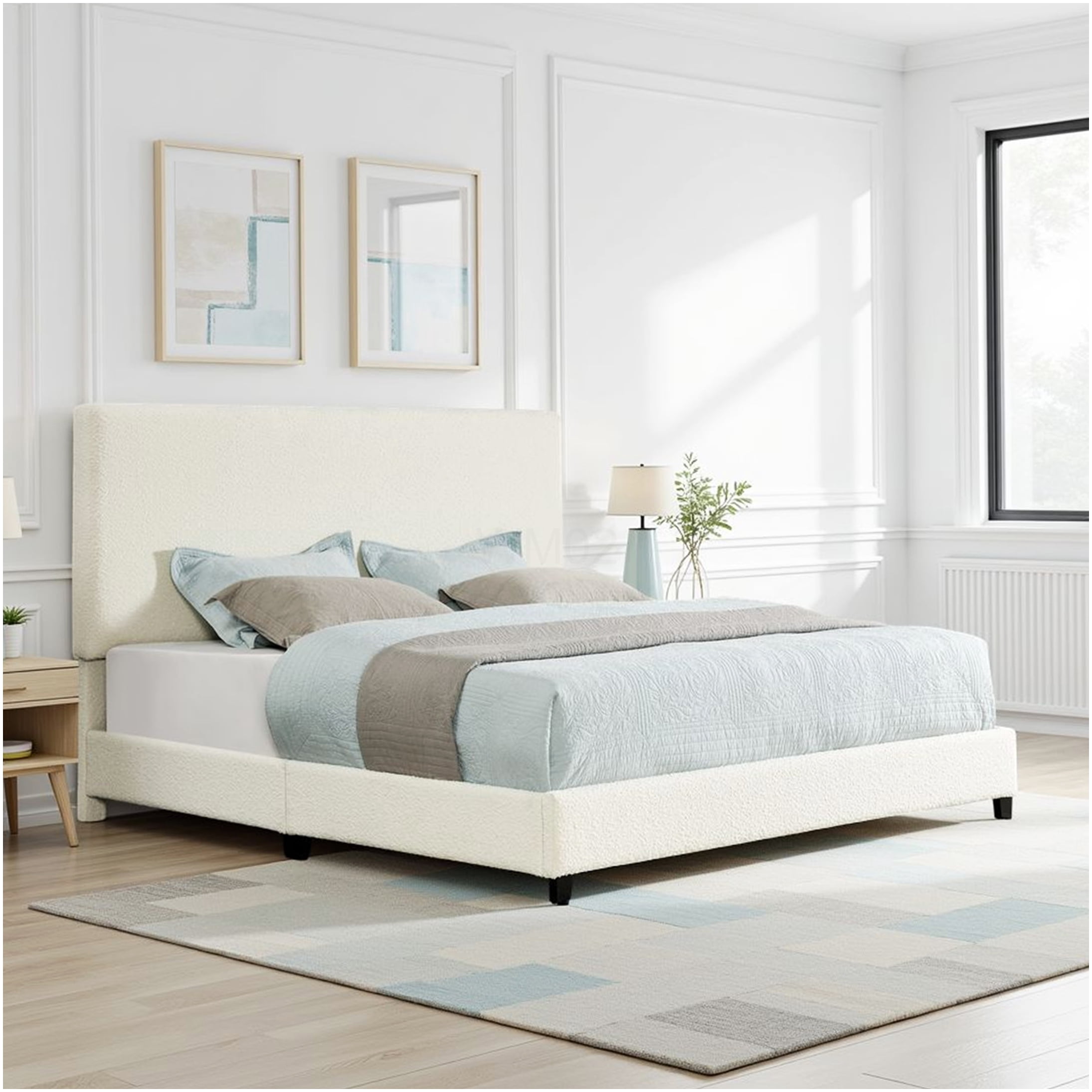 Modern White Boucle Upholstered King Size Bed Frame with Platform Base and Padded Headboard