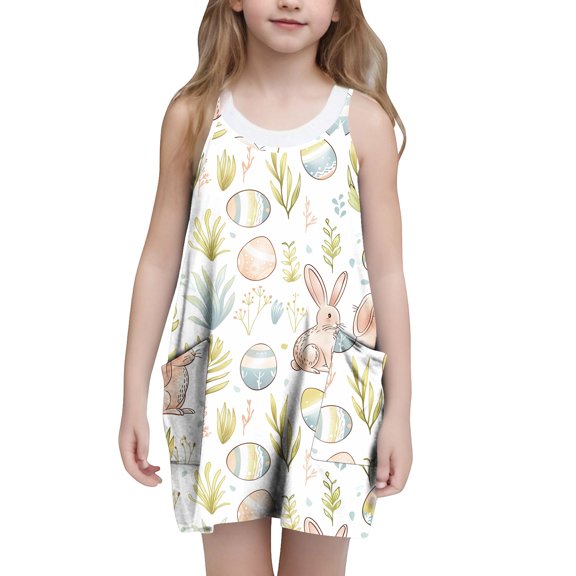 Mitankcoo Girls Easter Print Dresses Sleeveless Crew Neck Dress with Pockets for Summer Casual Wear