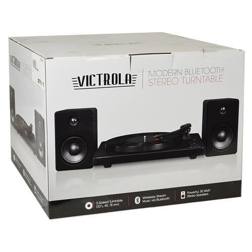victrola modern matte black turntable with bluetooth speakers
