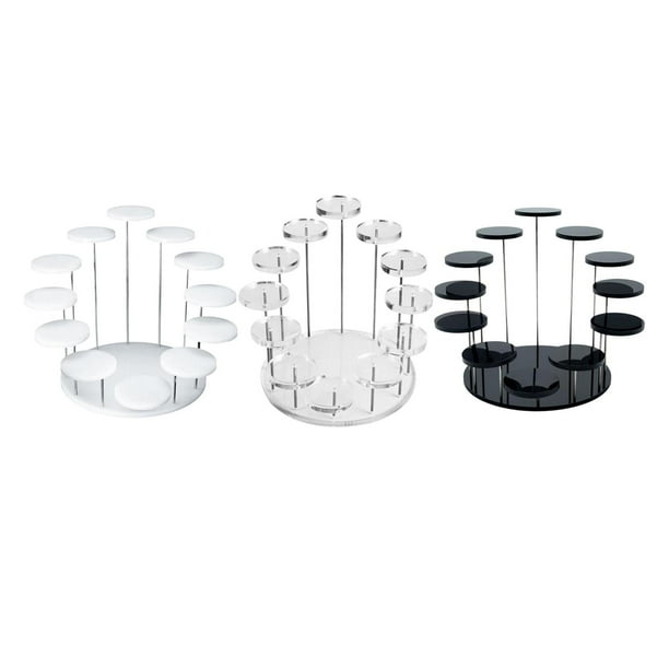 Soporte de presentación de mesa de acrílico transparente con estructura metálica y tres niveles , como se describe2