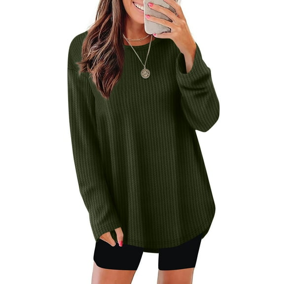 UQJfacai Tunic Tops for Women Loose Fit Dressy Waffle Knit Long Sleeve Shirts Trendy Spring Fall Fashion Curved Hem Crewneck Sweaters