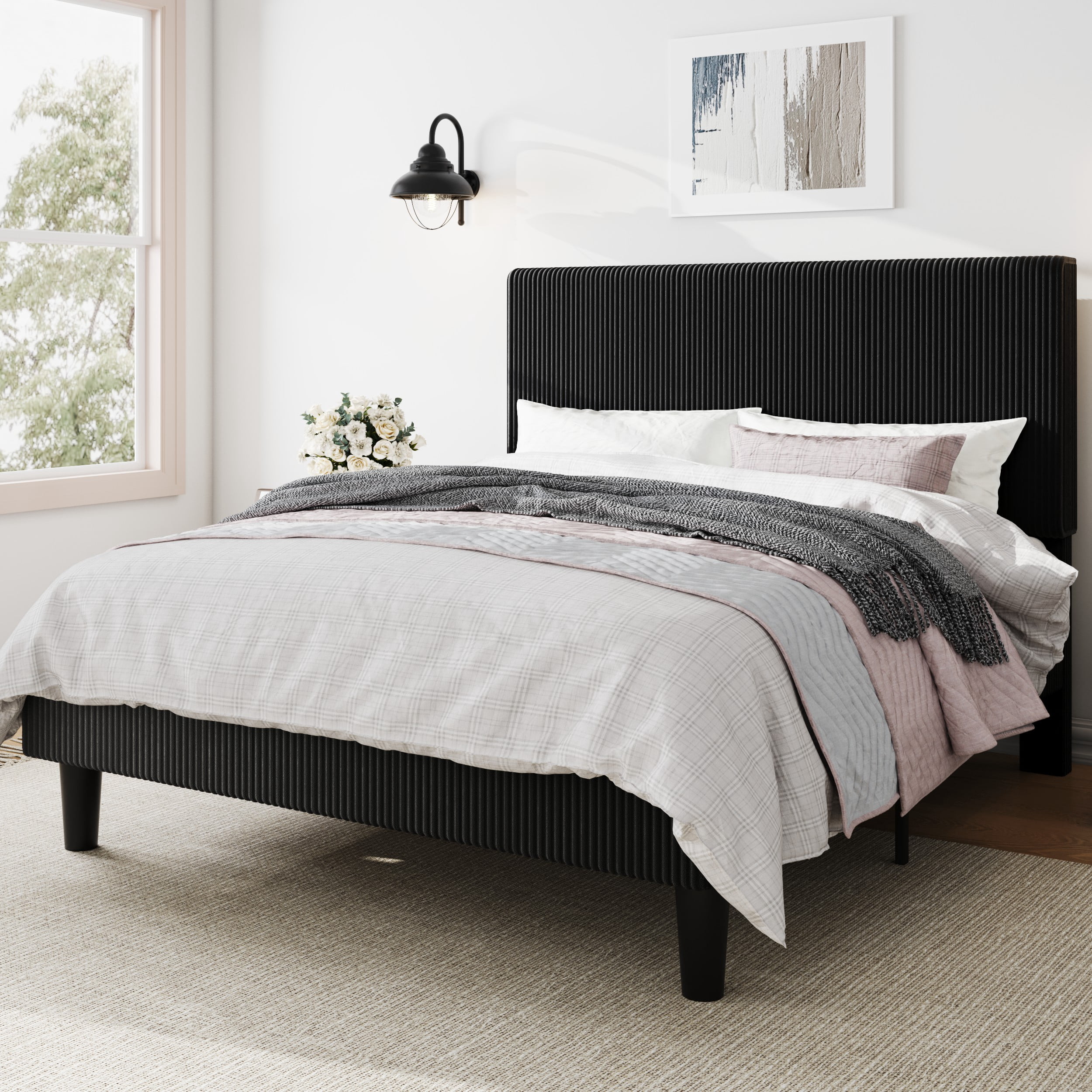 Amolife Full Size Platform Bed Frame with Corduroy Fabric Upholstered Adjustable Height Headboard, Black