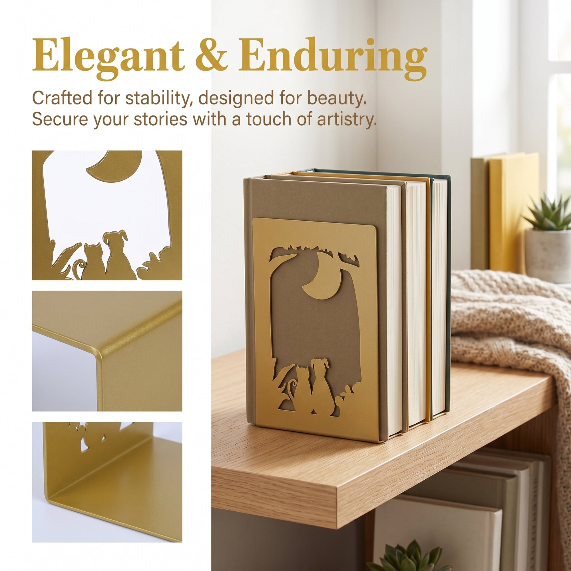 Unique Bargains 2Pcs Metal Laser Cut Tree Design Bookends Gold Moon 7.9*4.3*6.7inch