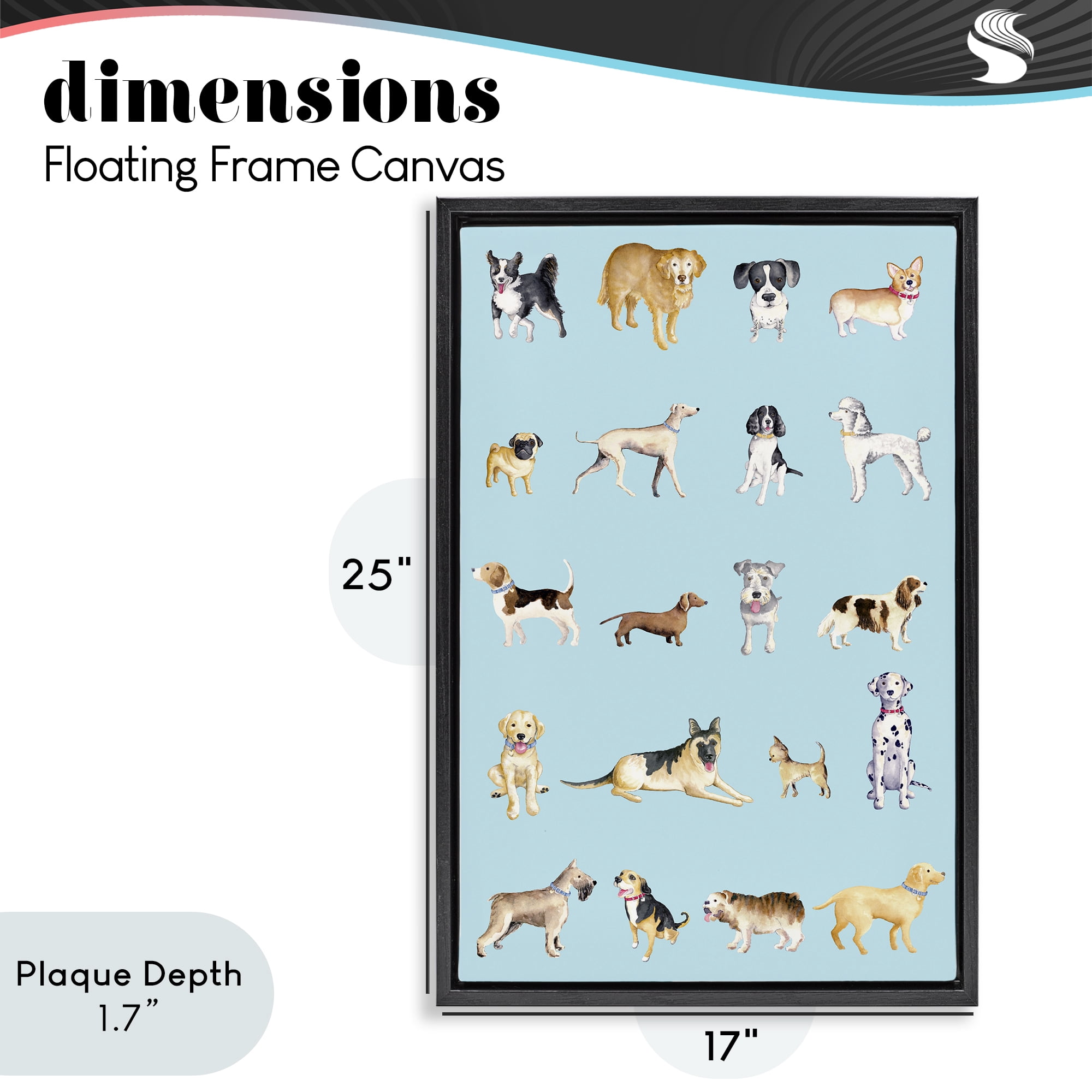 Stupell Industries Dog Breeds on Blue Black Framed Floater Canvas Wall Art, design by Andi Metz