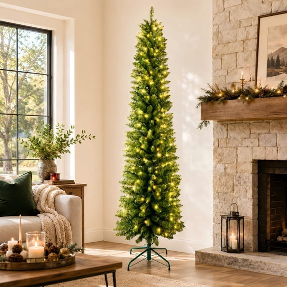iCapeson 6ft Pencil Slim Artificial Christmas Tree, Pre-Lit 250 Warm LED Lights, 37 Pine Cones & 595 Mixed Partially Frosted White Branches