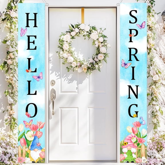 Lumumanber Hello Spring Banner Spring Door Decorations Colorful Tulips Butterflies Gnome Banners for Front Door Easter Party Decorations Indoor Outdoor