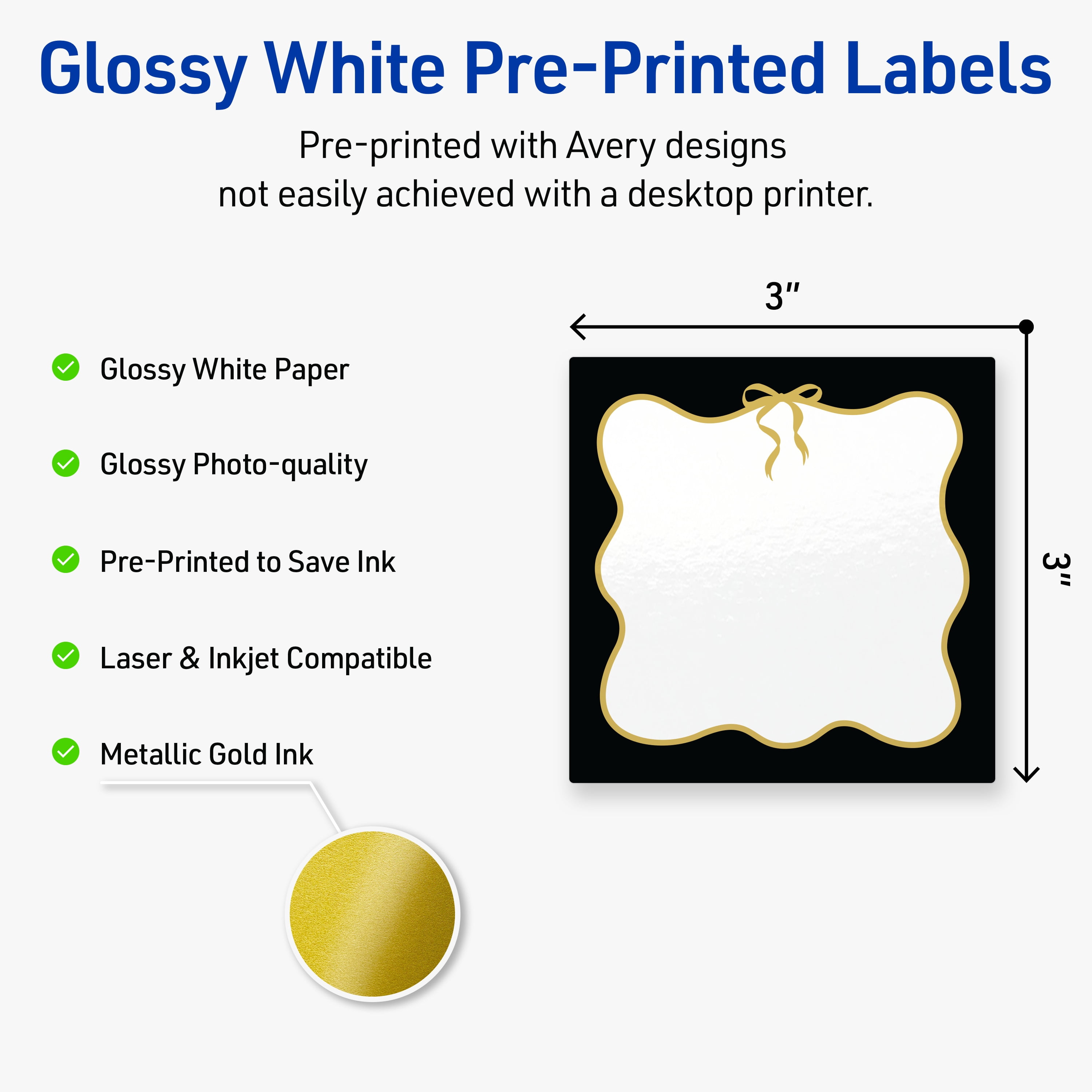 Avery Square Labels, 3" x 3", Black with Gold Bow Design, Glossy