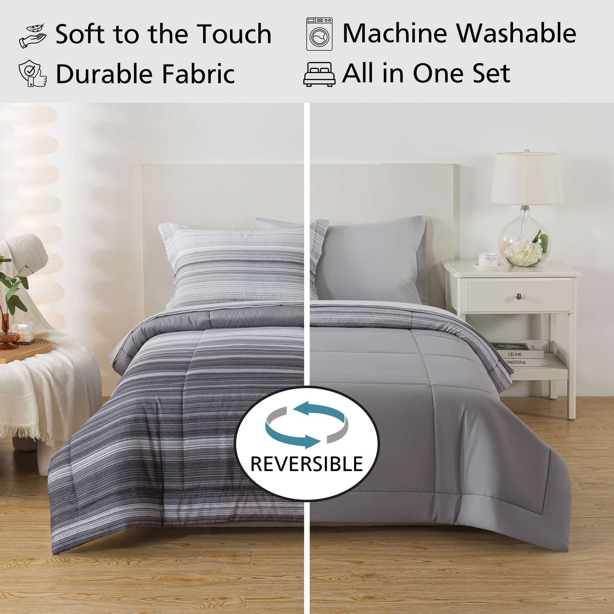 Mainstays All in One Reversible Comforter and Sheet Set, 5-Piece, Twin, Gray Stripe