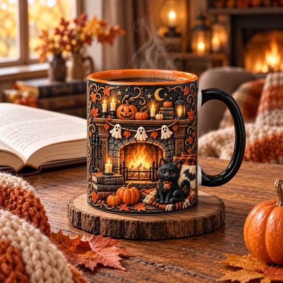 Coffee Mug Cozy Halloween Fireplace with Black Cat, Pumpkins and Ghost Garland for Autumn Sipping