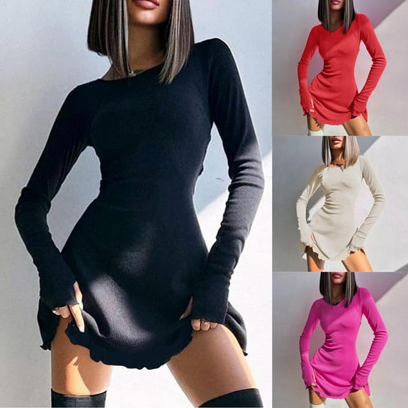 SMihono Womens Spring Long Sleeve Bodycon Dress Ribbed Knit Slim Pullover Stylsih Mini Sweater Dresses Going Out Clothes Beige 8