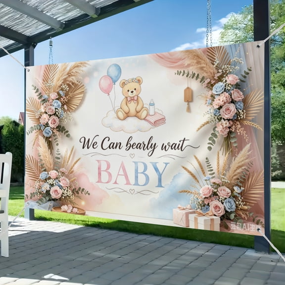Boho Bear Gender Reveal Backdrop Banner Boho Floral We Can Bearly Wait Gender Reveal Decorations Pampas Grass He or She Baby Shower Party Decor 51*59IN