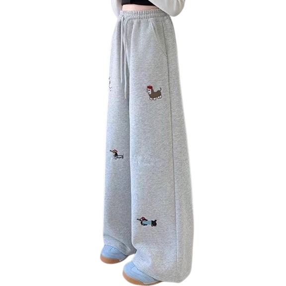 UACY Teen Girls Baggy Sweatpants Cute Dog Embroidered School Pants Straight Wide Leg Joggers Elastic Waist with Pockets (Grey, 11-12 Years)