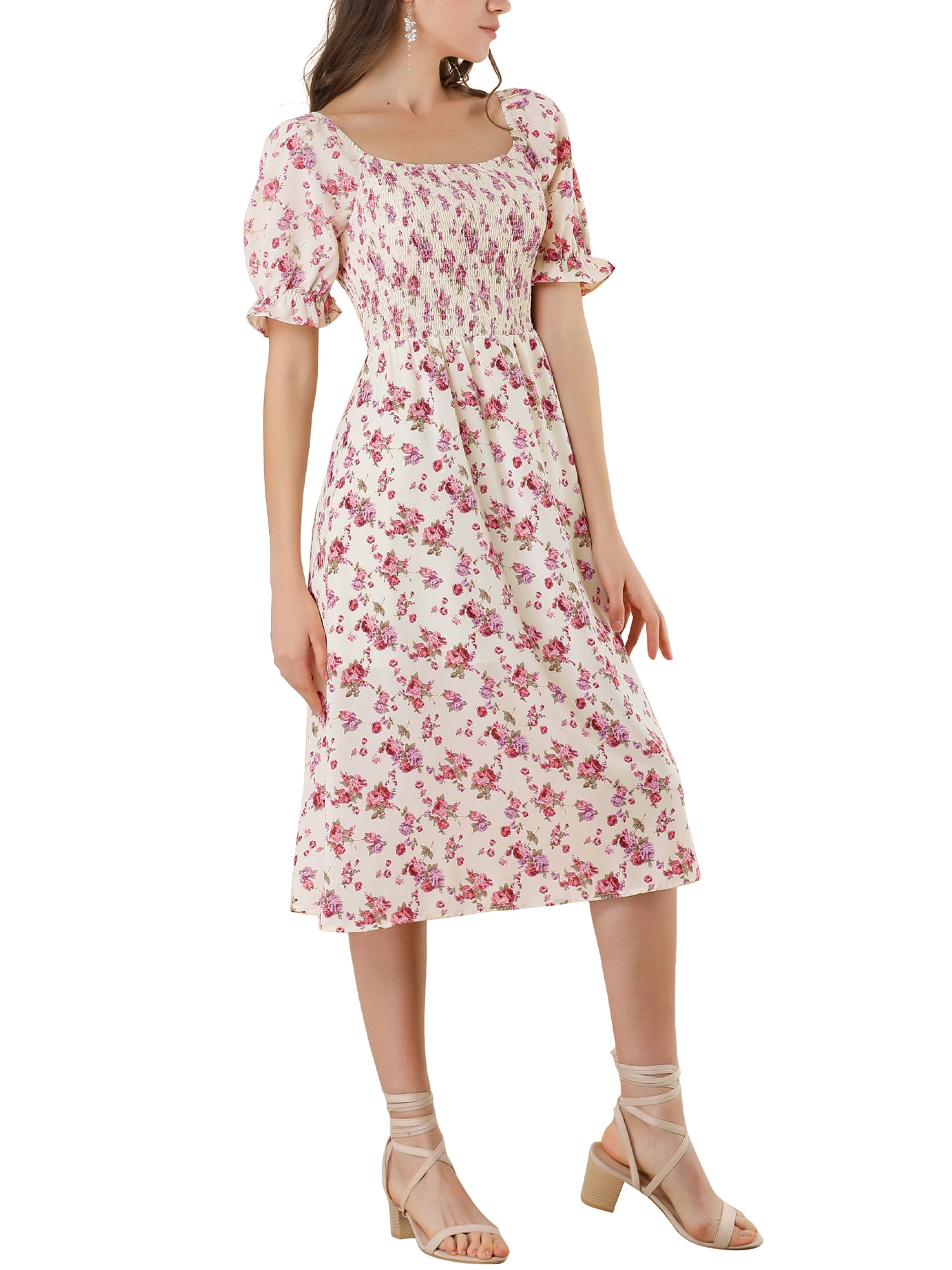 DARING DIVA Square Neck Puff Sleeves Smocked Waist Midi Floral Dres S Beige