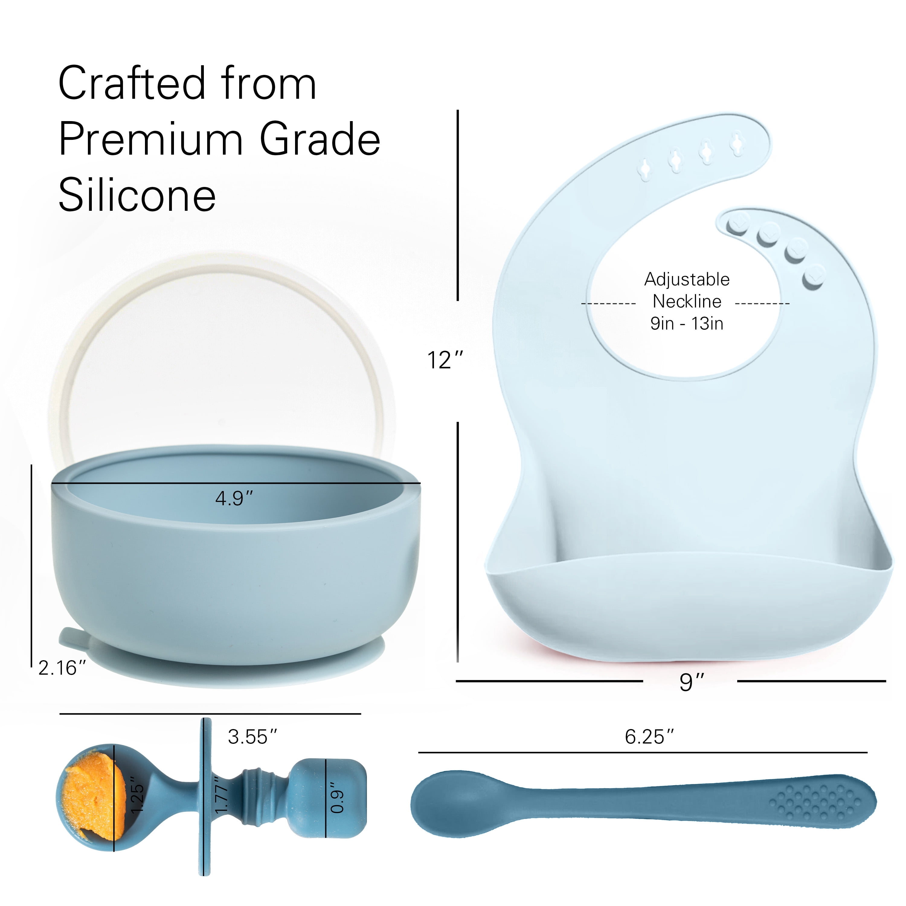 Baby Feeding Set, Silicone Bib, Bowl & Spoons for Self-Feeding First Stage Baby Essentials – Gum Friendly, BPA-Free, Easy to Clean & Safe for Babies, Blue