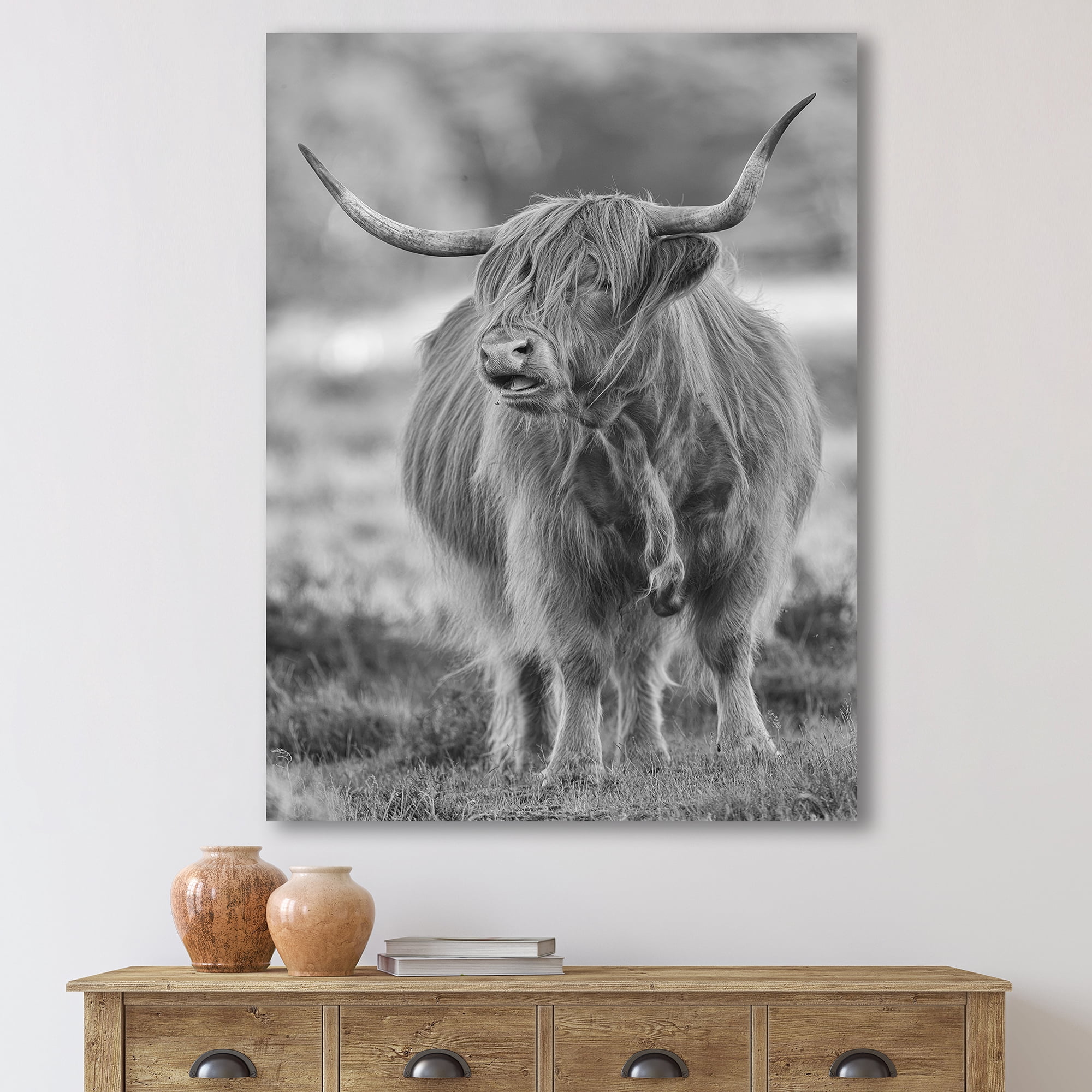 Designart ' Close Up View of Monochrome Bull ' Farmhouse Canvas Wall Art Print