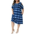thumbnail image 1 of Vestido de tie dye para mujer de tallas grandes Agnes Orinda, con cuello redondo, hombros al descubierto, vestido tipo camiseta con bolsillos, 1X azul, 1 of 6