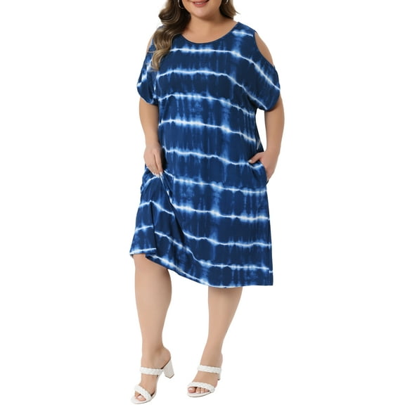 Agnes Orinda Women's Plus Size Tie Dye Dress Crew Neck Off Shoulder t Shirt Dresses with Pockets 1X Blue