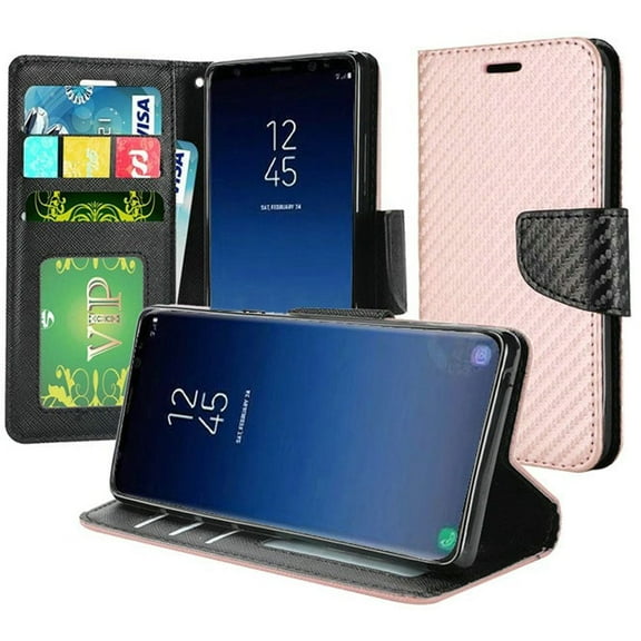 GSA Carbon Fiber Two-Tone Flip Wallet Case for Samsung S9 - Rose Gold/Black